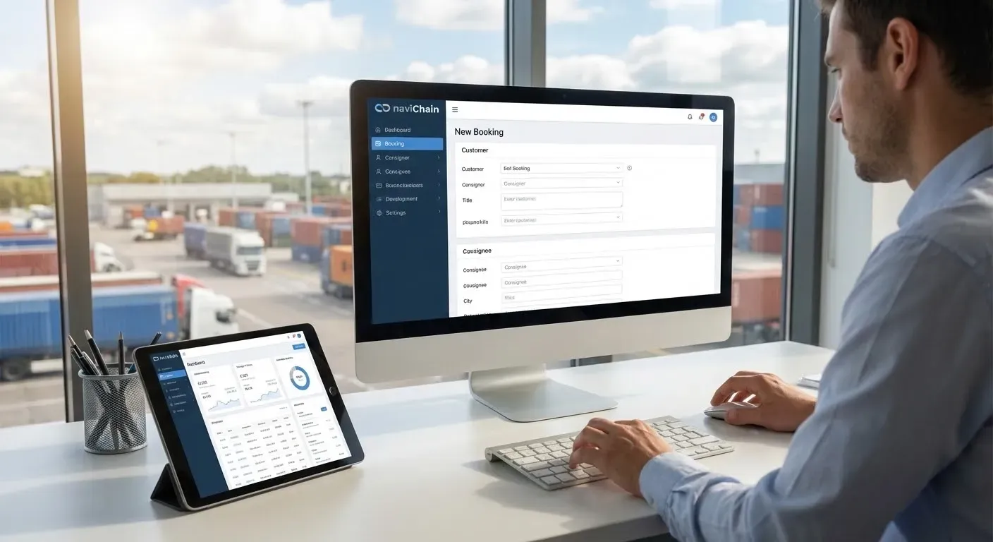A futuristic visualization of a booking turning into a truck movement automatically.