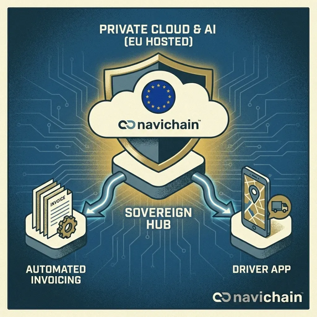 Streamlined logistics operation, transparent and controlled, showcasing successful self-orchestration for improved control.
