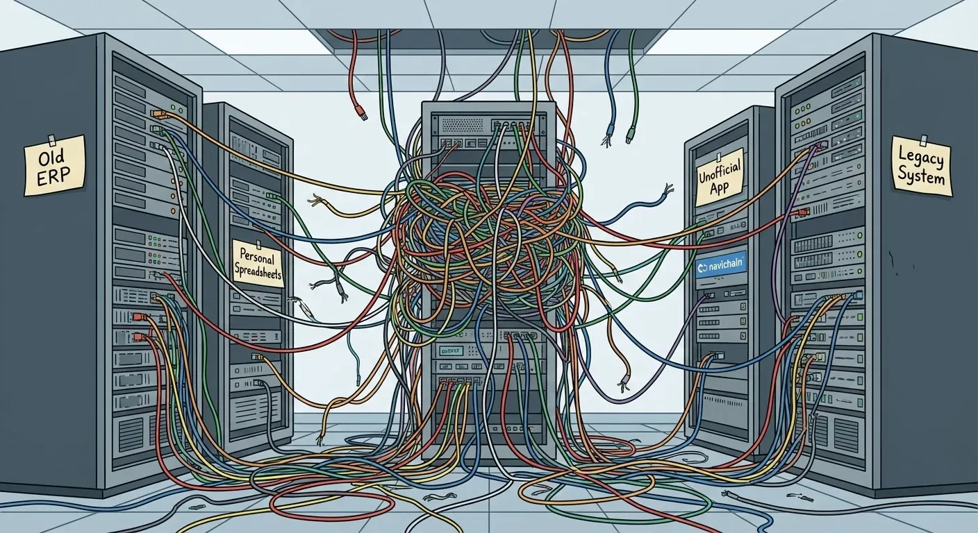 Rörig IT-infrastruktur: olika system som inte 'pratar' med varandra i åkeriverksamhet.