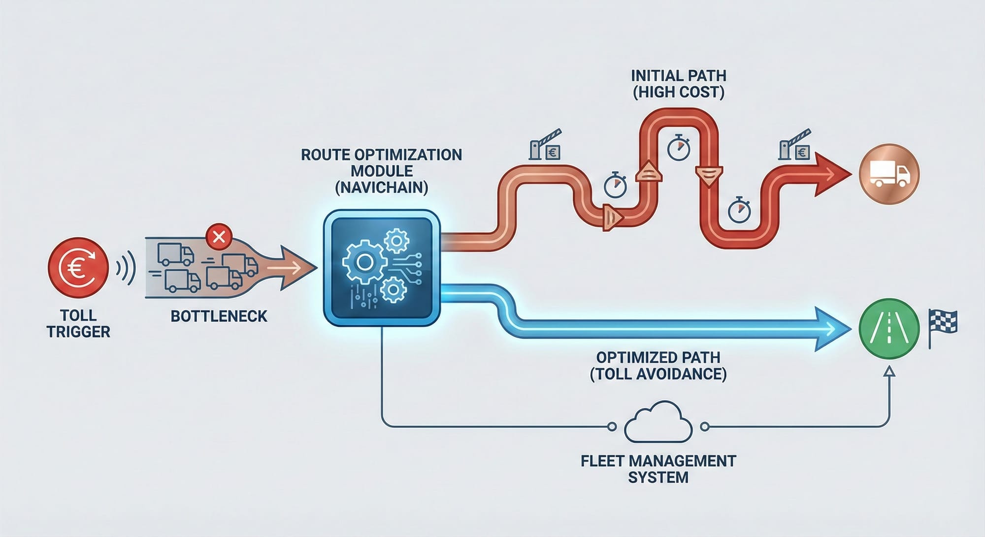 Visuell schematisk bild av optimerade rutter med Navichain.
