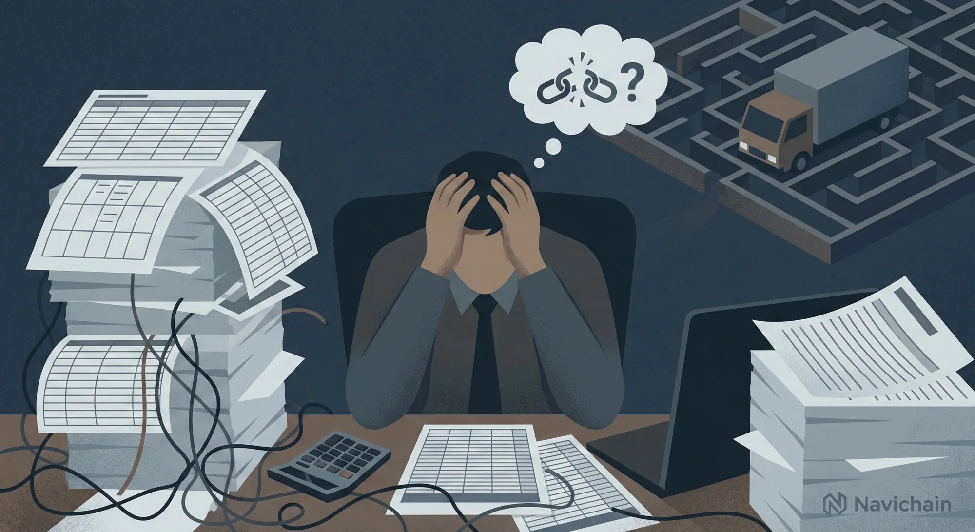 Frustrated individual facing complex spreadsheets, highlighting challenges of manual data collection.