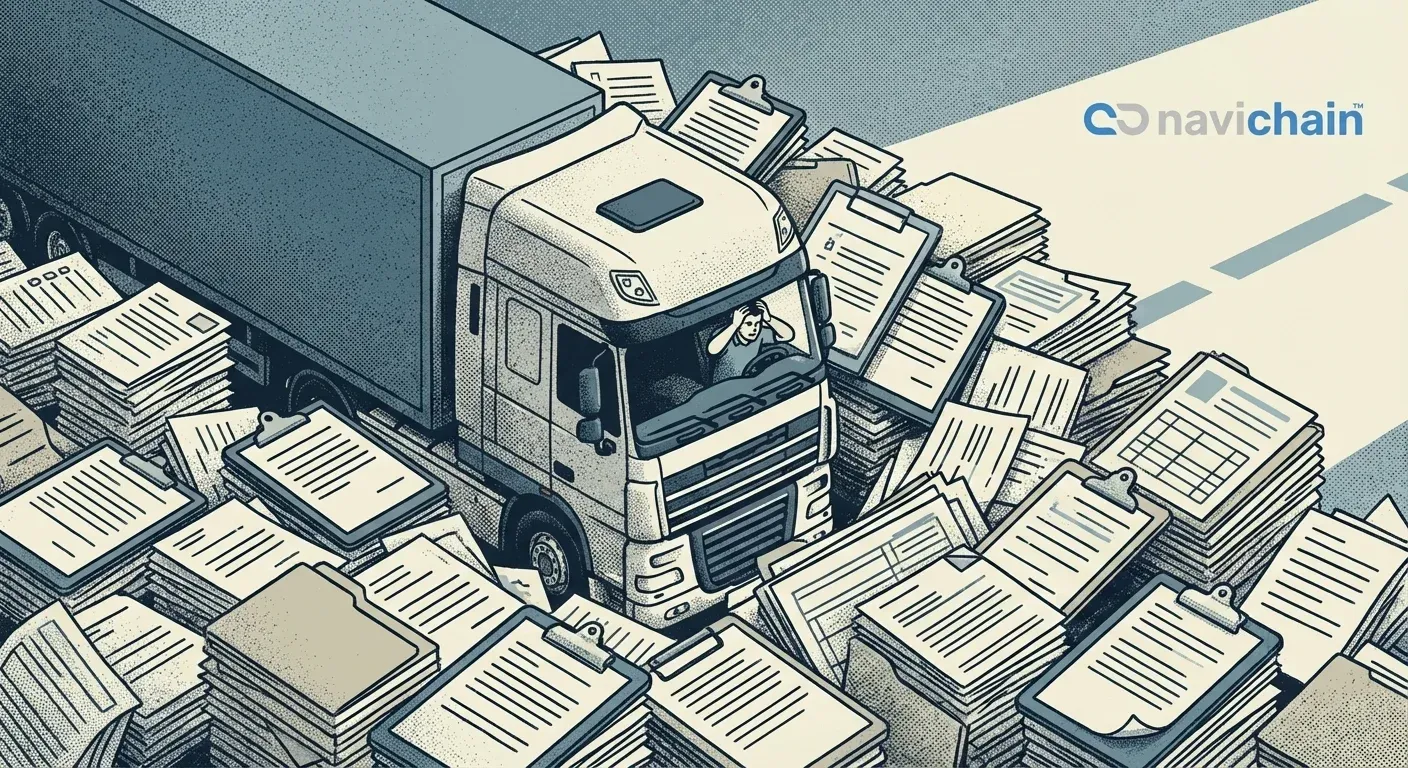 A stressed haulage dispatcher overwhelmed by paperwork and multiple screens, highlighting data integration challenges.