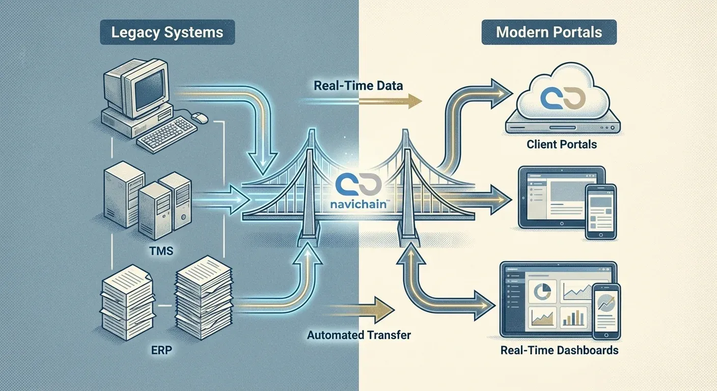 Navichain platform connecting legacy TMS systems to customer portals for seamless data flow and visibility.