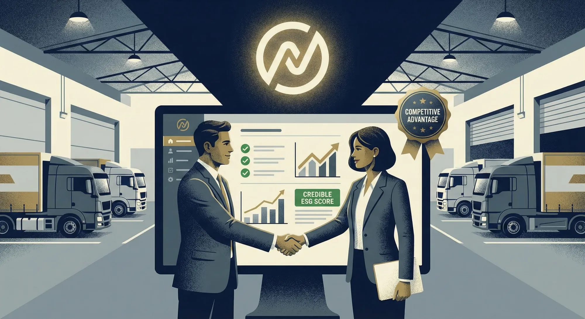 Man och kvinna skakar hand framför skärm med positiva ESG-rapporter, symboliserar framgångsrik implementering.