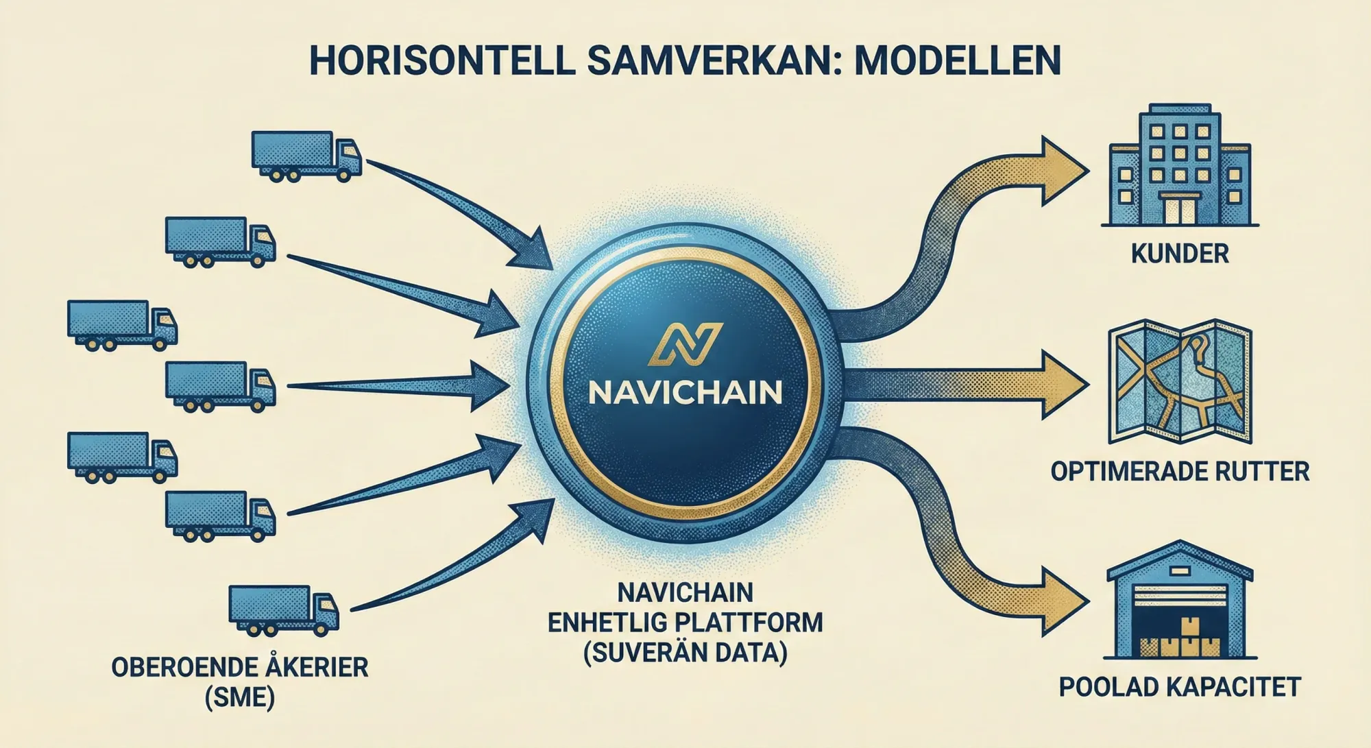 Schematisk bild av horisontell samverkan: Åkerier delar resurser och nätverk.