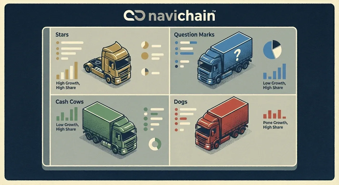 A BCG Matrix grid plotted with logistics customers, highlighting 'Cash Cows' and 'Dogs'.
