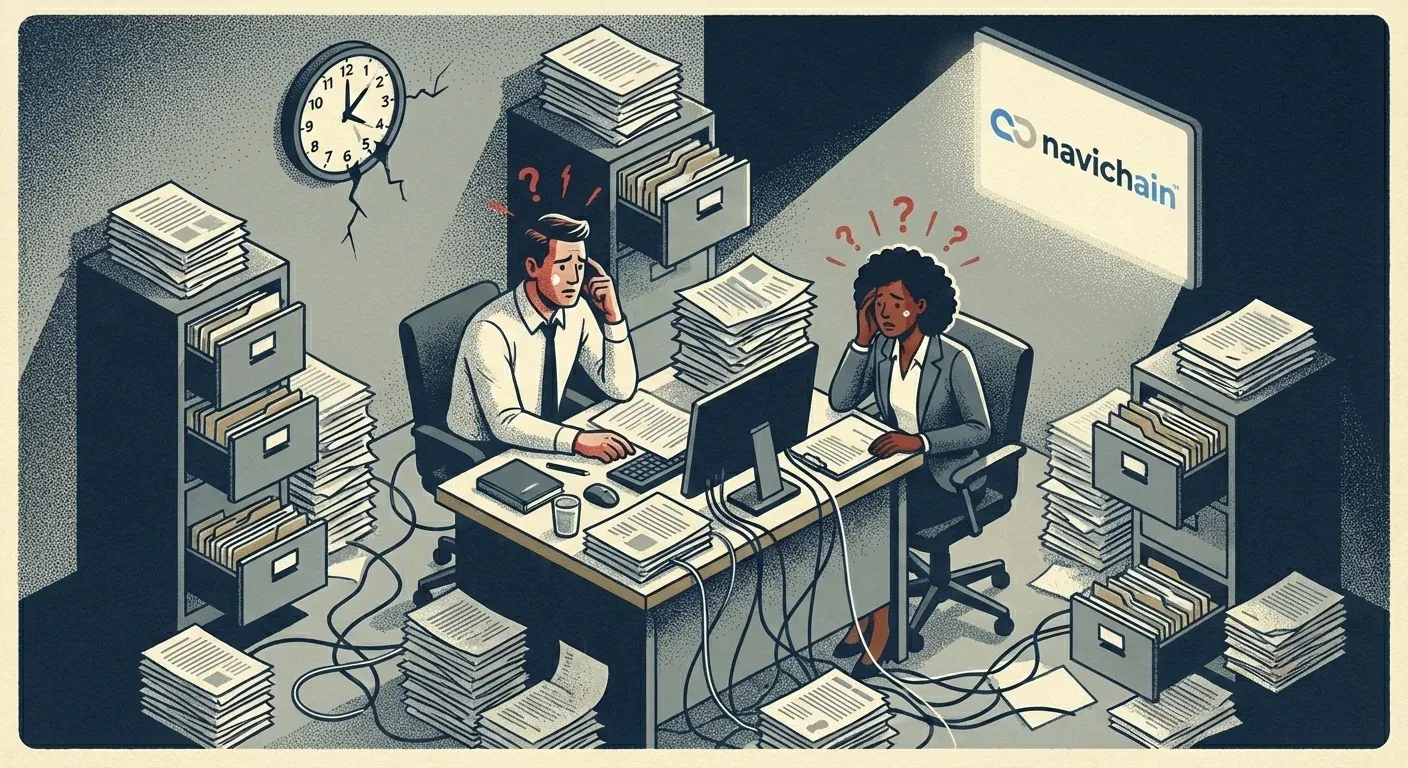 A chaotic office scene showing the 'Before' state of manual, stressed strategic planning.