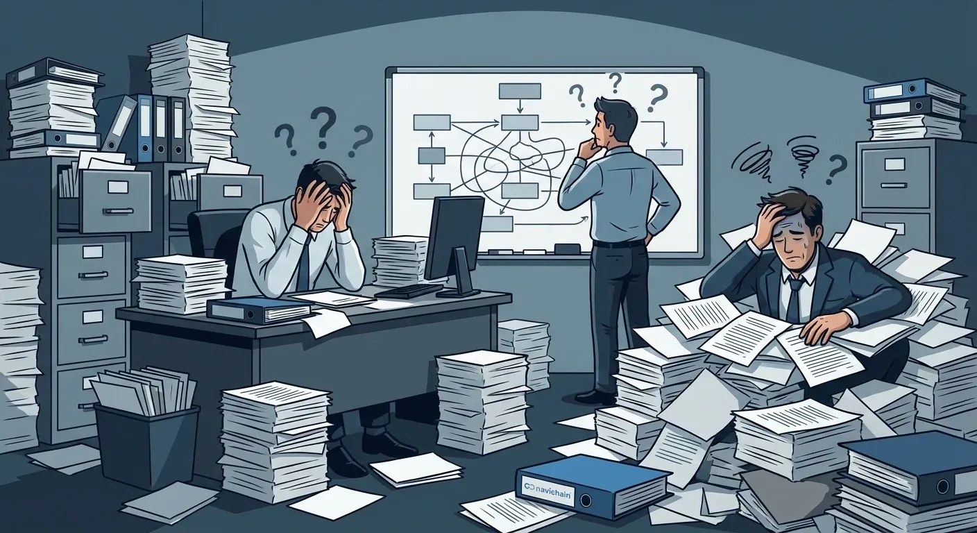 A chaotic office scene showing the 'Before' state of manual, stressed strategic planning.