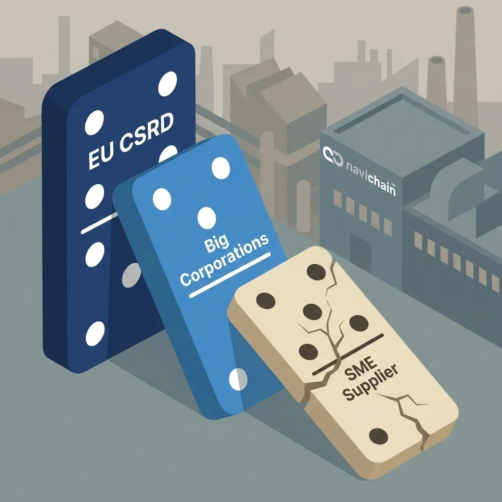 A chain reaction domino effect showing 'EU Regulation' knocking over 'Enterprise Clients' knocking over 'SME Suppliers'.
