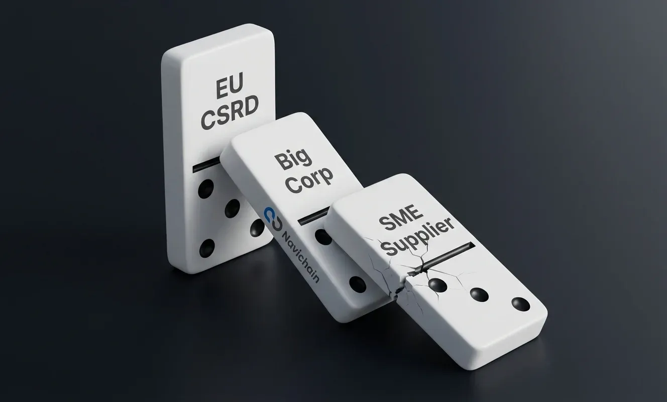 A chain reaction domino effect showing 'EU Regulation' knocking over 'Enterprise Clients' knocking over 'SME Suppliers'.