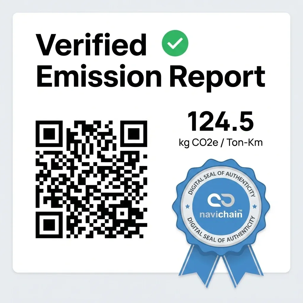 A digital certificate with a 'Verified ISO 14083' seal showing precise CO2 figures for a specific shipment.