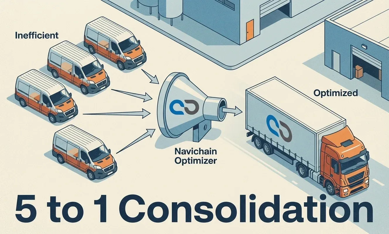 A visual demonstration of 5 small boxes being merged into one efficient large container, with a '50% Savings' tag.