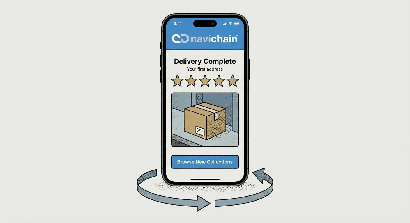 A happy face emoji rating on a phone screen after a delivery, with a 'Thank You' message.