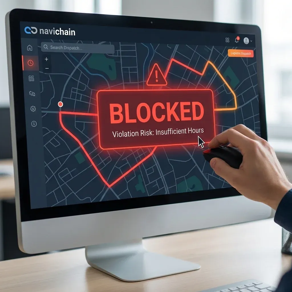 A dispatcher screen showing a 'Blocked' route assignment due to compliance risk.