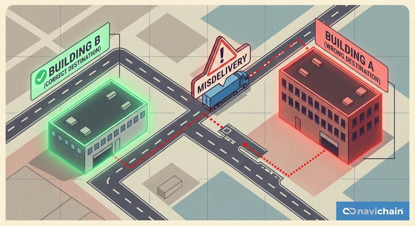 A map showing a driver delivering to the wrong building in a dense industrial park.
