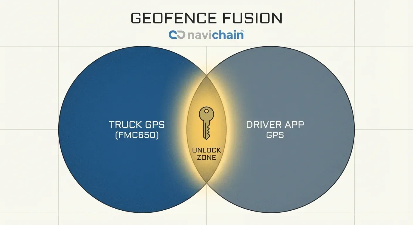 A schematic showing the intersection of Truck GPS and Phone GPS creating the 'Unlock Zone'.