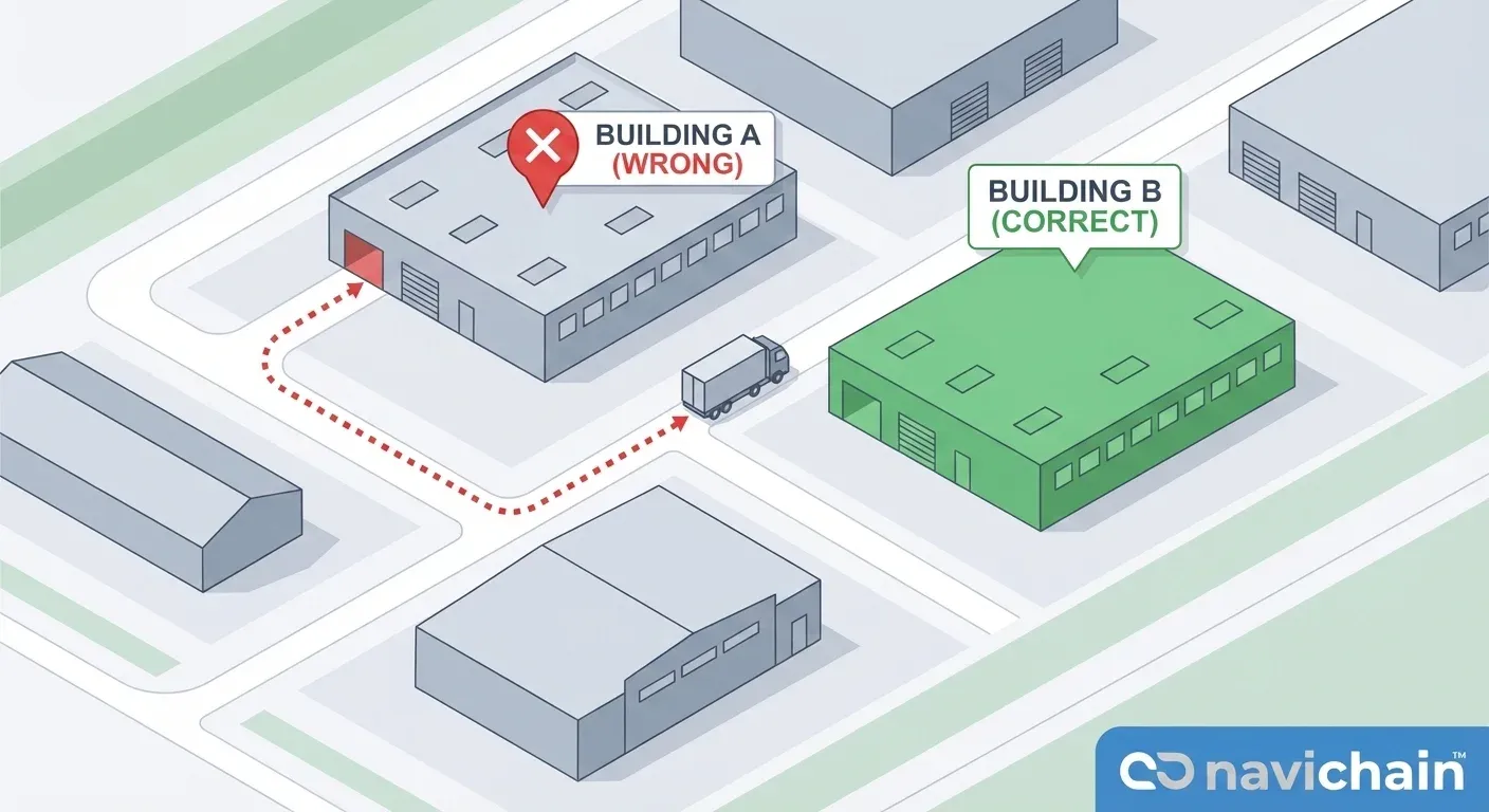 A map showing a driver delivering to the wrong building in a dense industrial park.