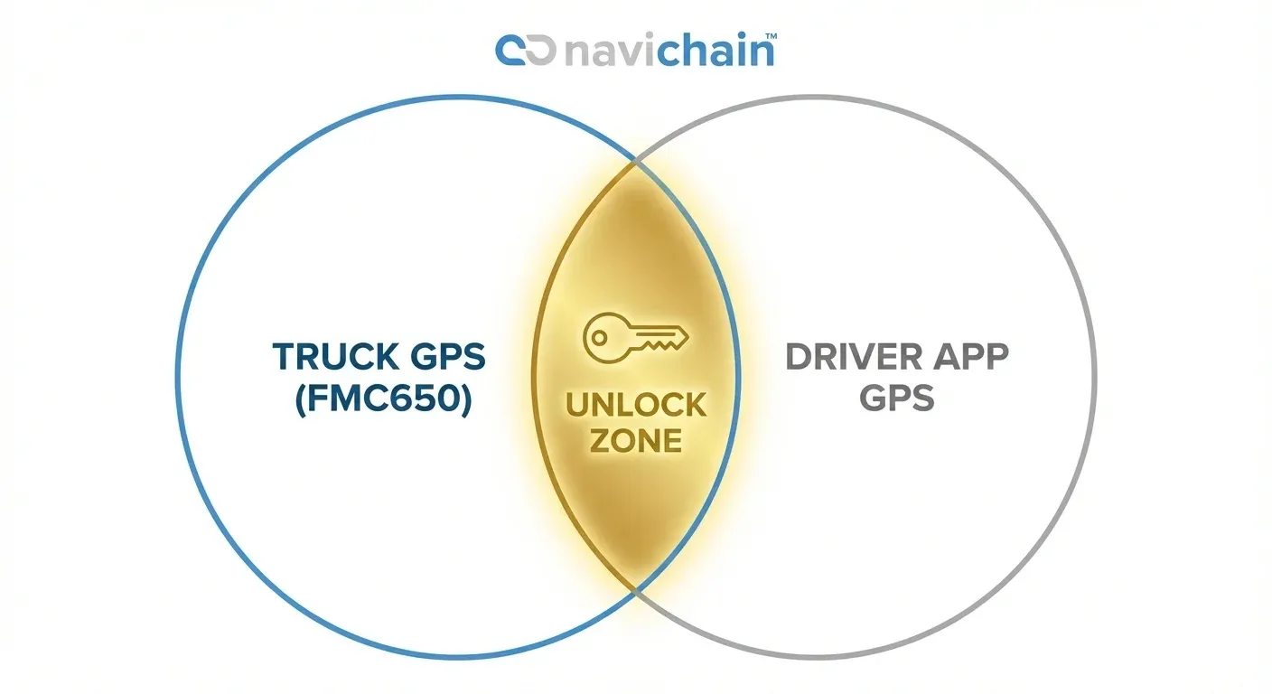 A schematic showing the intersection of Truck GPS and Phone GPS creating the 'Unlock Zone'.