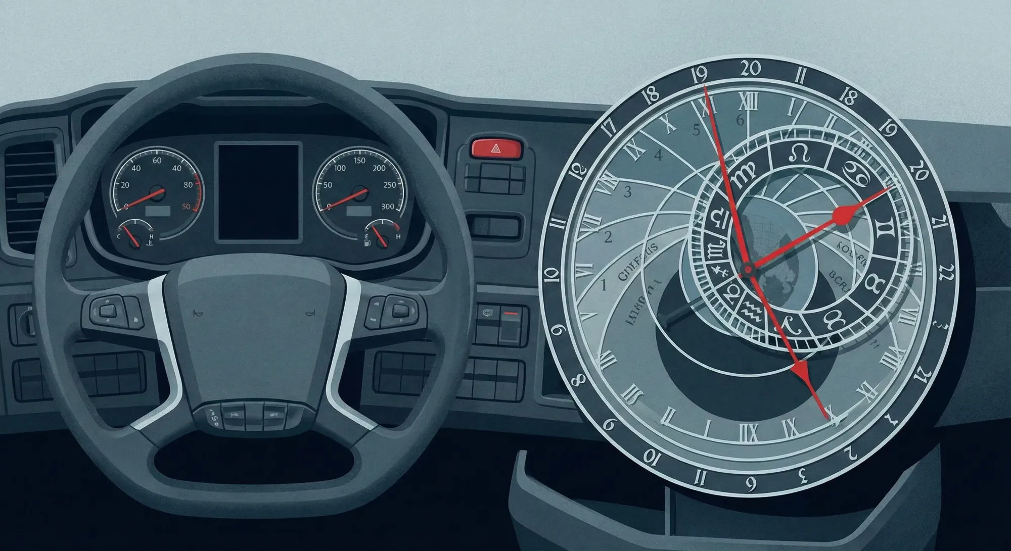 A conceptual illustration of the Schengen clock limit looming over a UK truck.