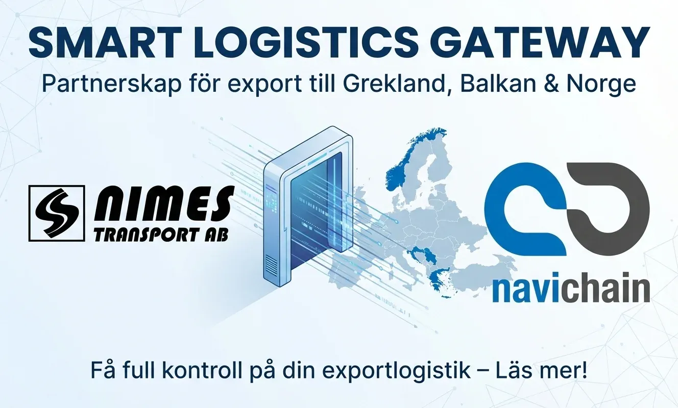 A modern warehouse facility in Malmö at sunrise, stylized as a digital gateway.