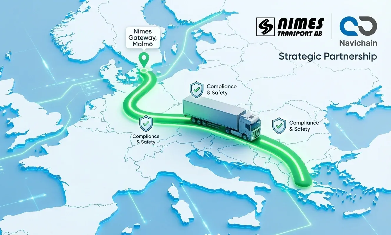 A map of Europe showing a smooth, illuminated green logistics route.