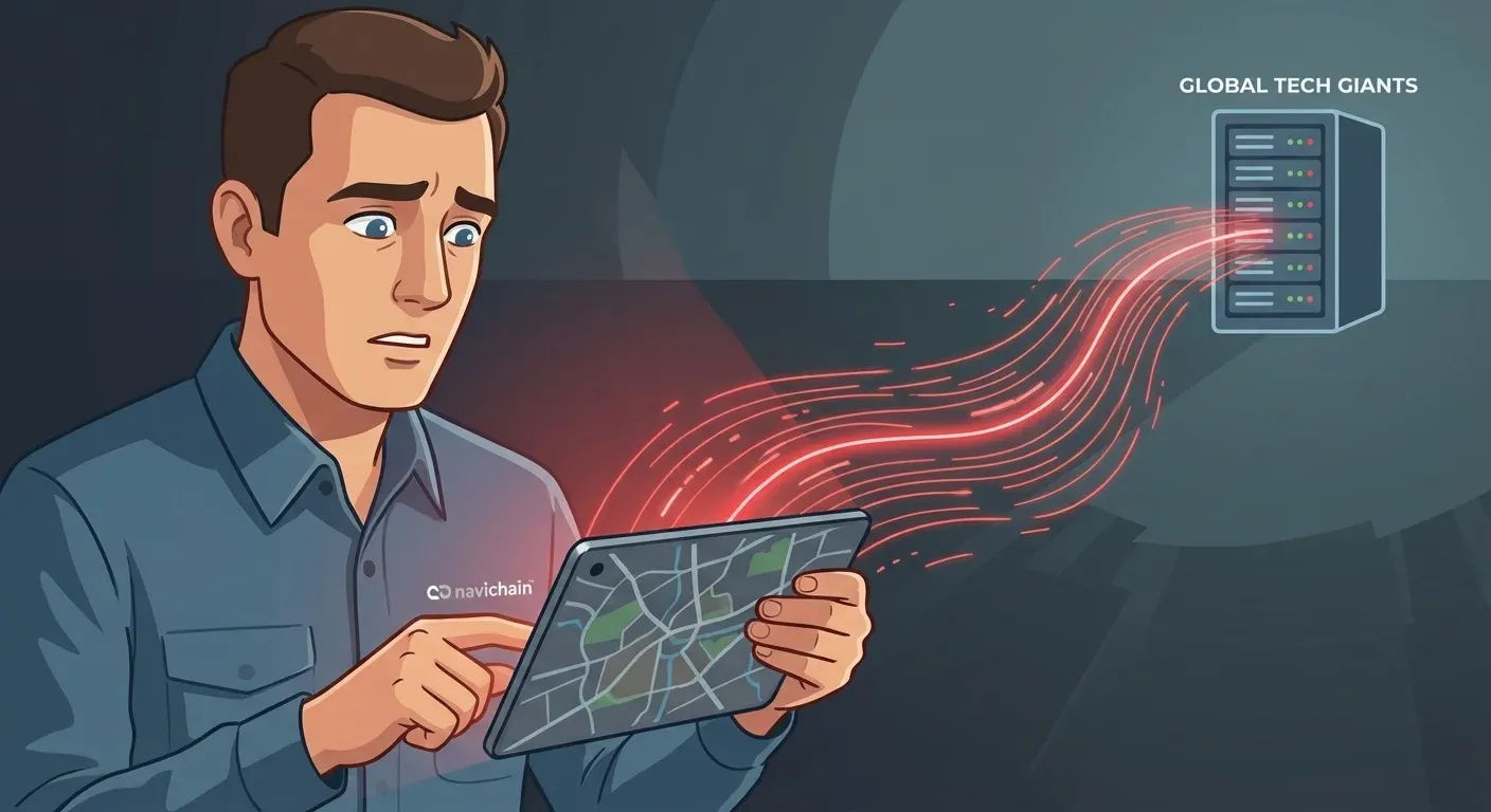 Fleet manager looking concerned at a map showing data streams leaving the country.