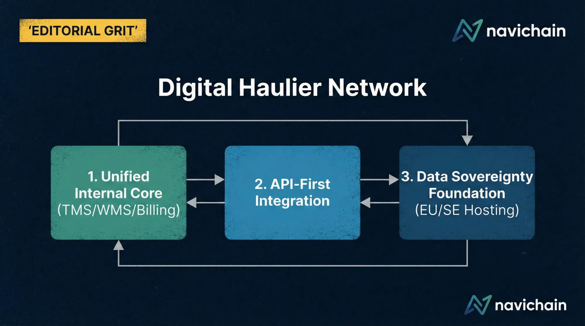 Diagram of unified operational fabric for secure, intelligent logistics collaboration.