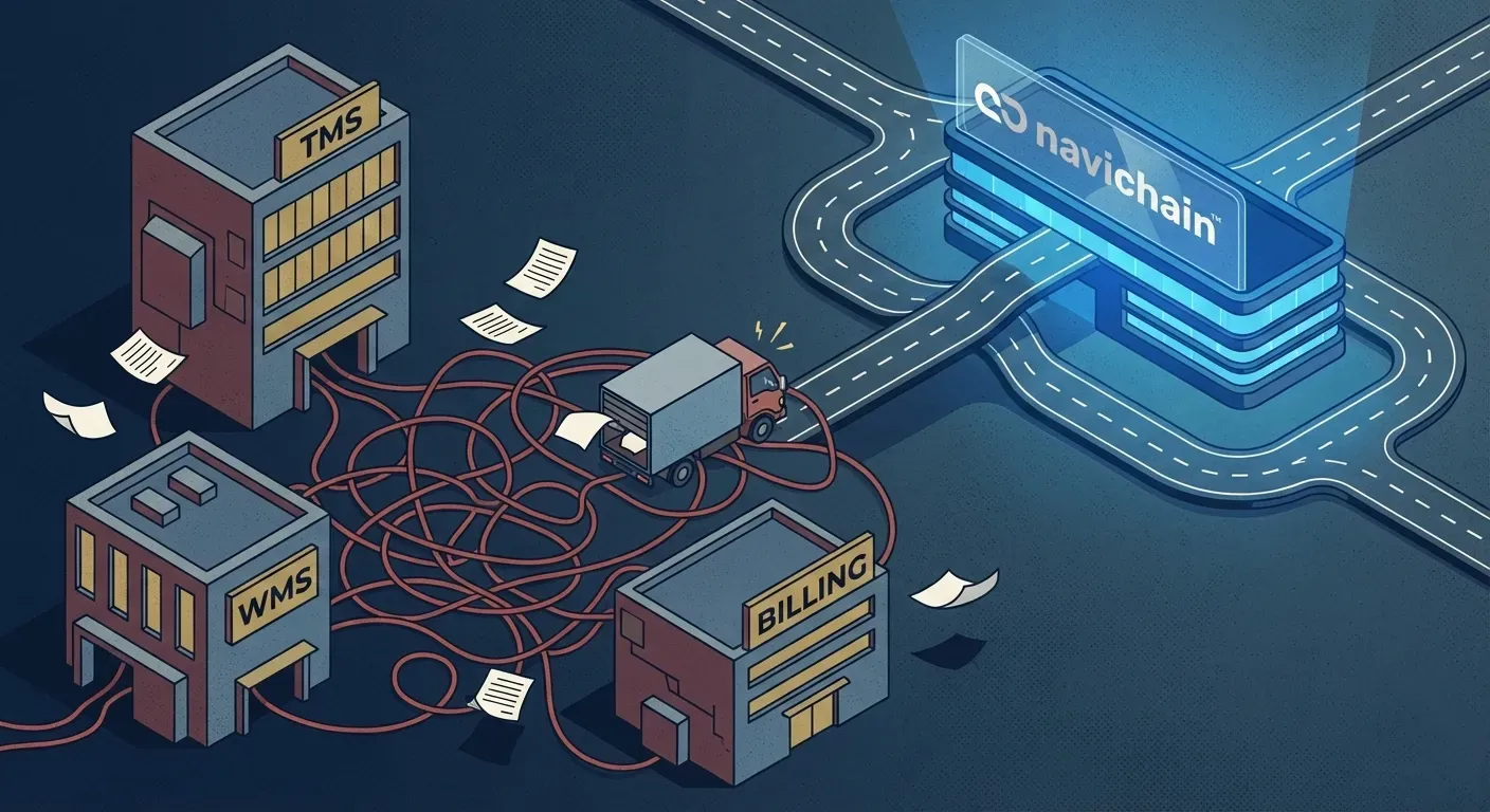 Lastbilar i solnedgången symboliserar logistikindustrins tekniska utmaningar.