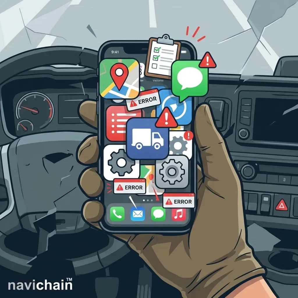 Stressad chaufför omgiven av många öppna appar på telefonen, vilket illustrerar 'app-trötthet'.