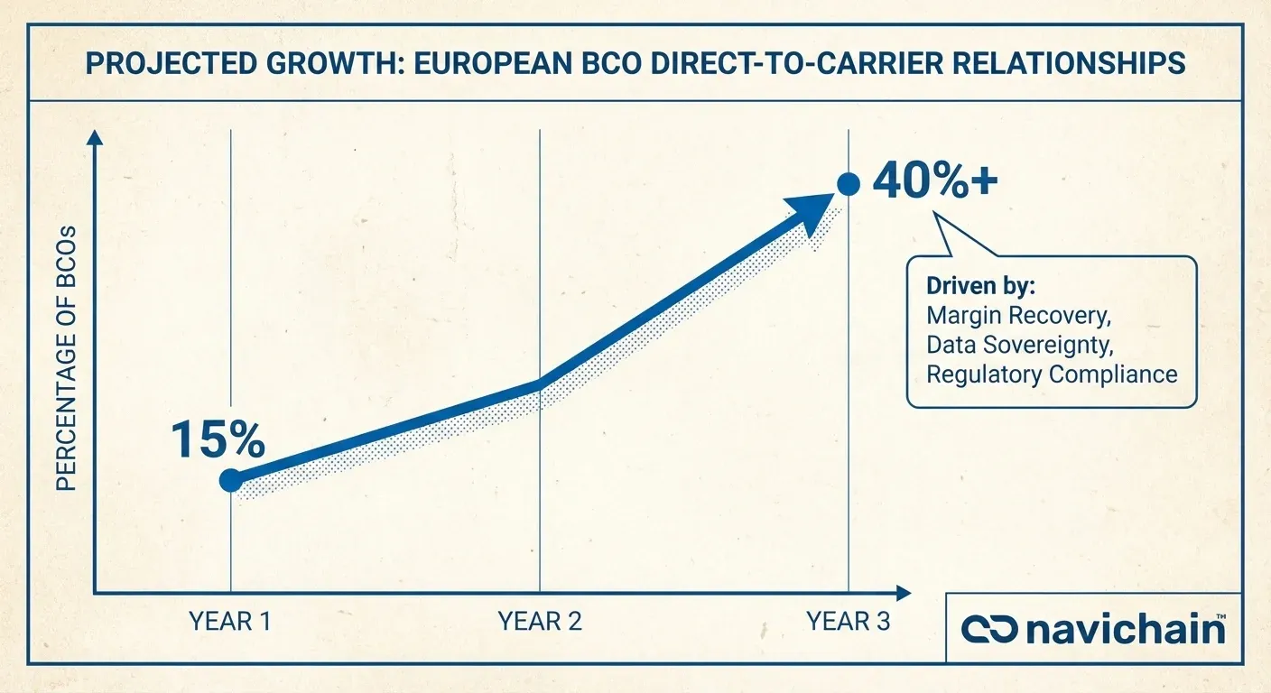 Line graph: BCOs increasing direct-to-carrier relationships, driven by costs, regulations, data fears.