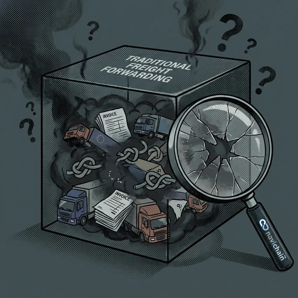 Tangled shipping containers: complexity and opaqueness of traditional freight forwarding.