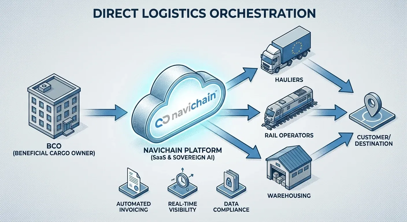 Direct logistics orchestration flowchart: streamlining and control in business operations.