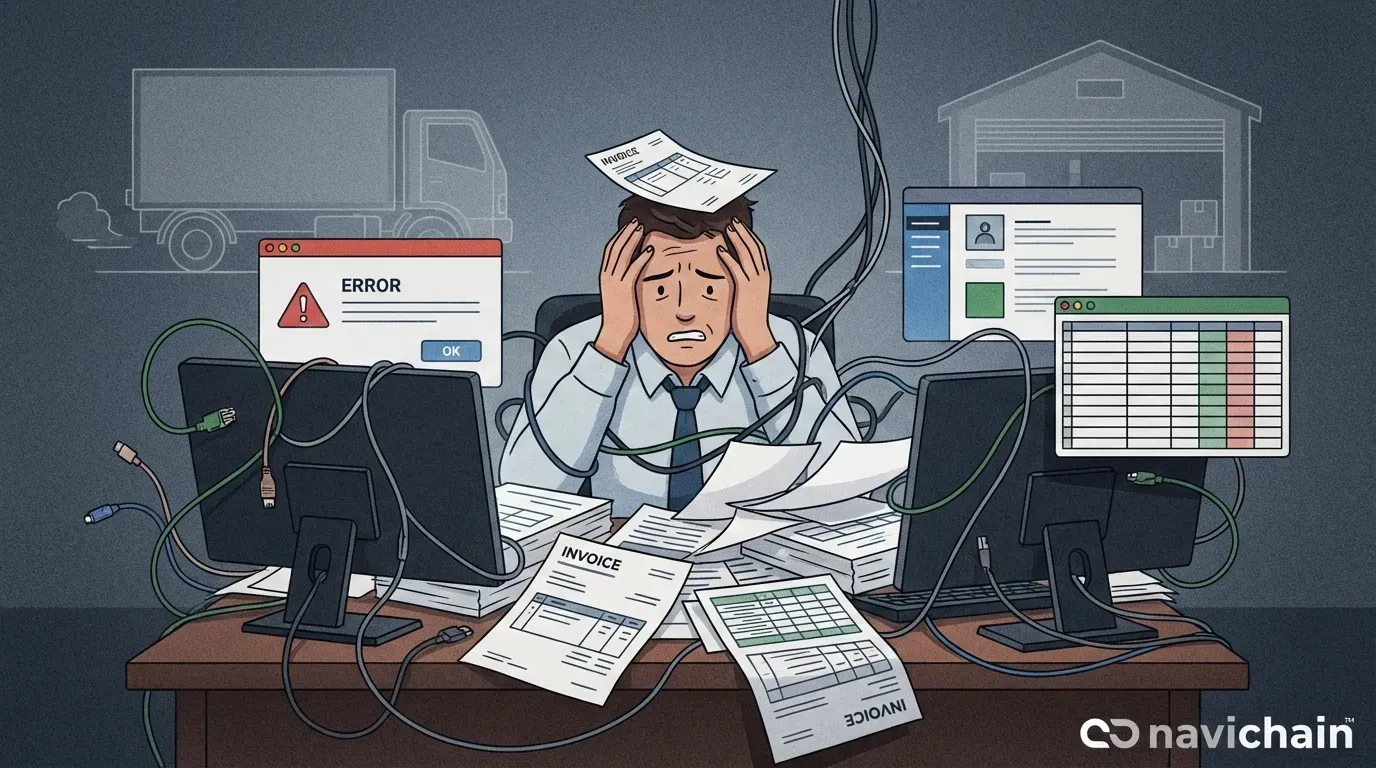 Logistics company stressed, struggling with invoices, signifying lost revenue and growth opportunities.