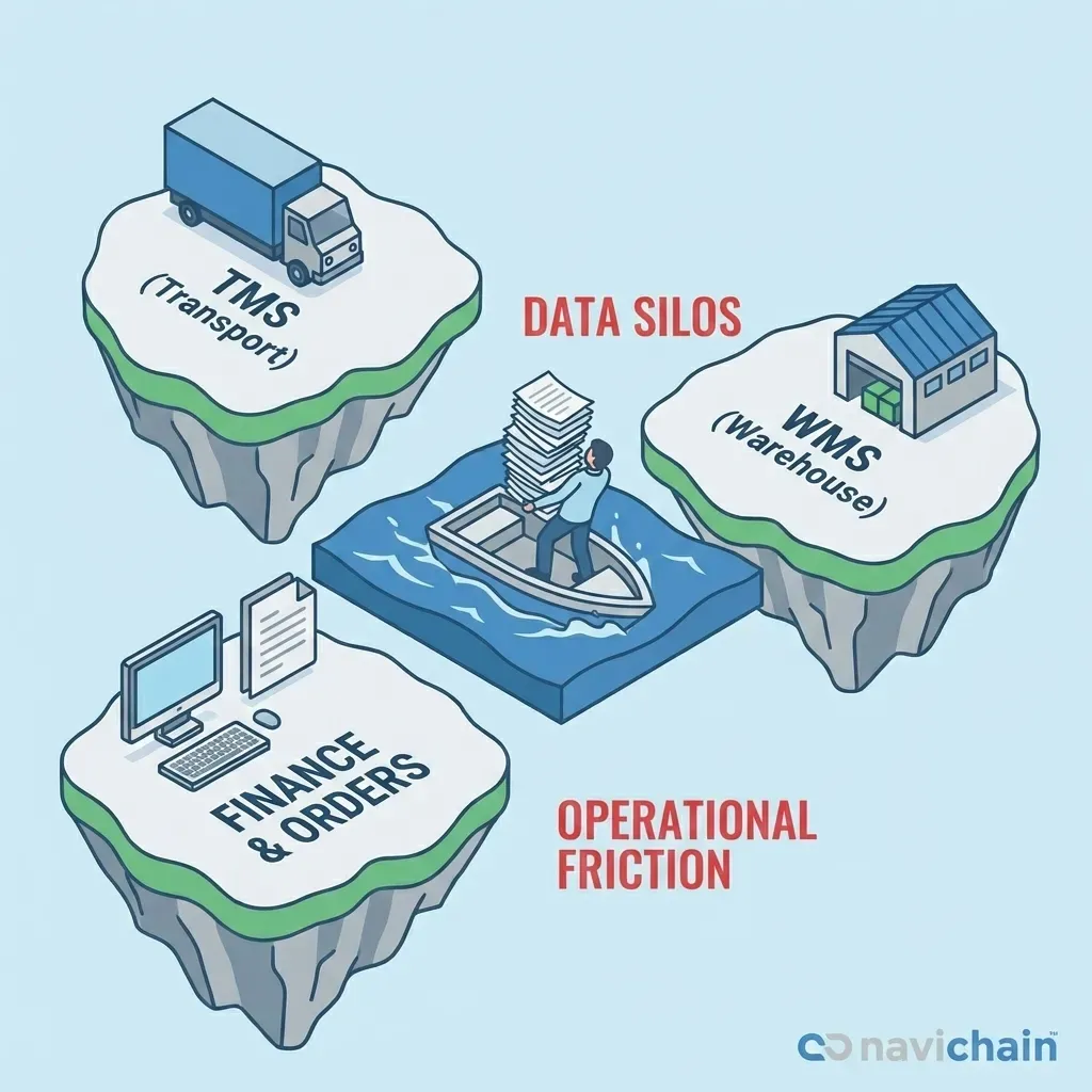 Logistikpersonal stressad med pappersarbete - symboliserar problem med manuell fakturahantering.