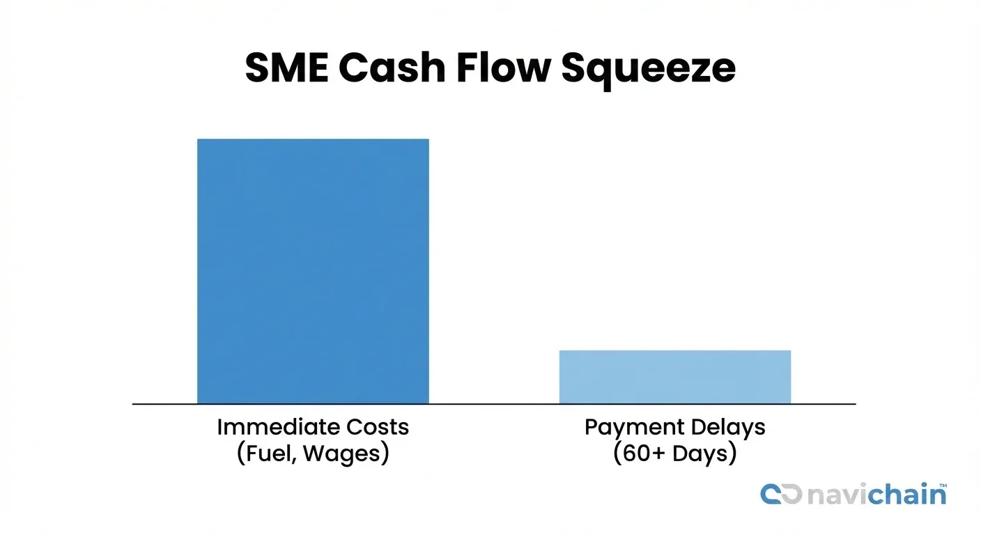Pie chart showing factors contributing to SME cash flow squeeze: payment terms, costs, and delays.