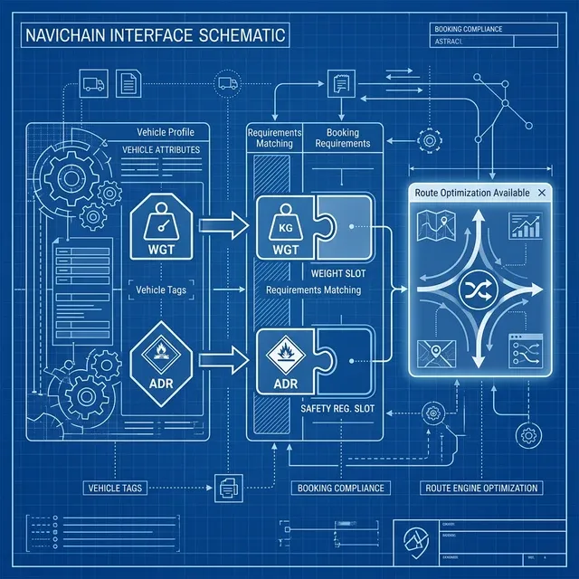 *Koncept för Smart Routing-gränssnittet: Transportplanerare kan visualisera fordonsvariabler matchade direkt mot bokningsbegränsningar.*