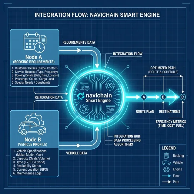 *Integrationsflöde: Hur navichain sömlöst kopplar bokningskrav med HERE-ruttmotorn.*