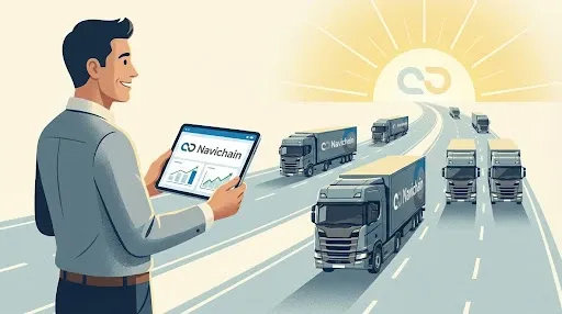 Logistikchef som ler tryggt mot en digital instrumentpanel