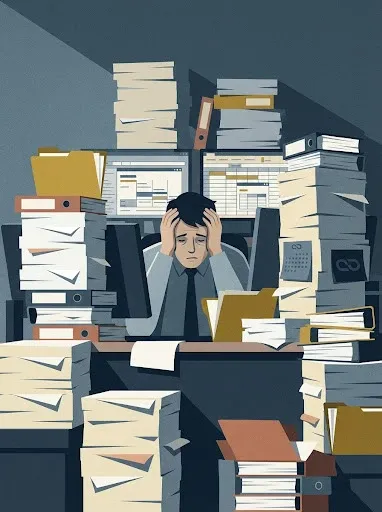 Stressed logistics dispatcher overwhelmed by administration