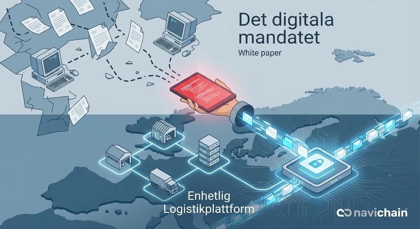 Bild på lastbilar och digitala dokument som symboliserar digitalisering av transportnäringen i Sverige.