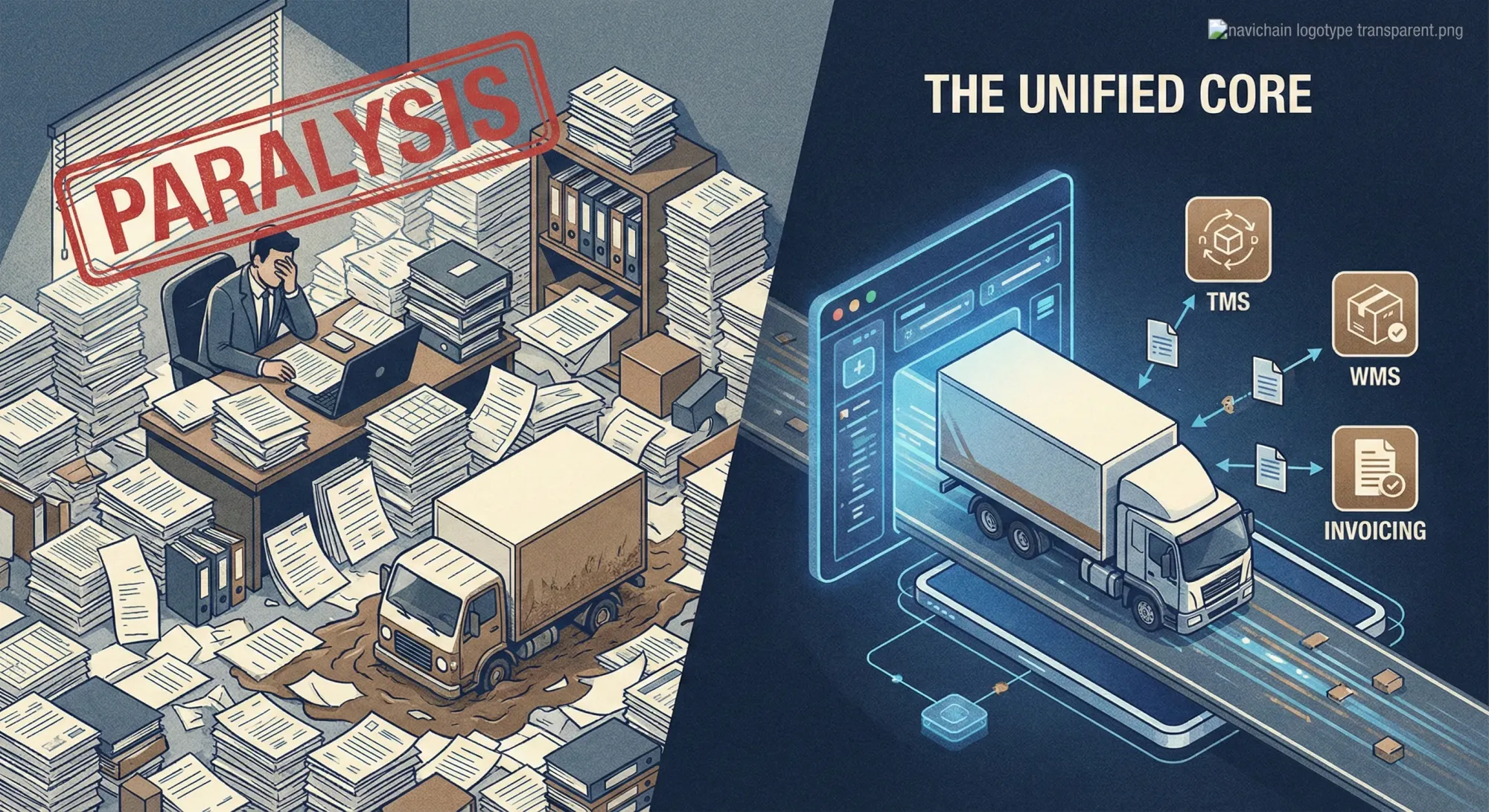 Lastbilar och logistik symboliserar digital transformation för åkerier som kämpar med driftsparalys.