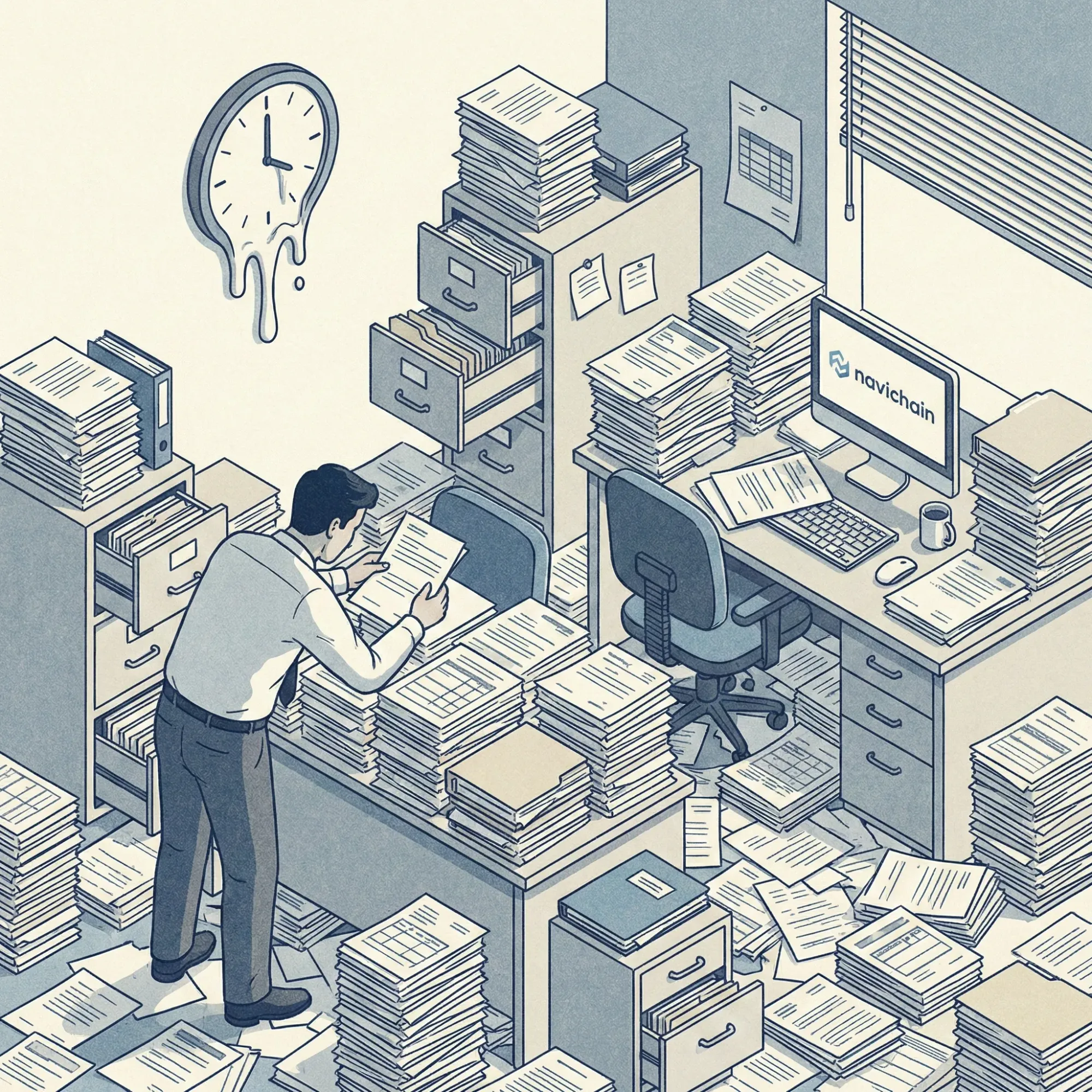 Overwhelmed logistics team drowning in paper documents in a messy office environment.