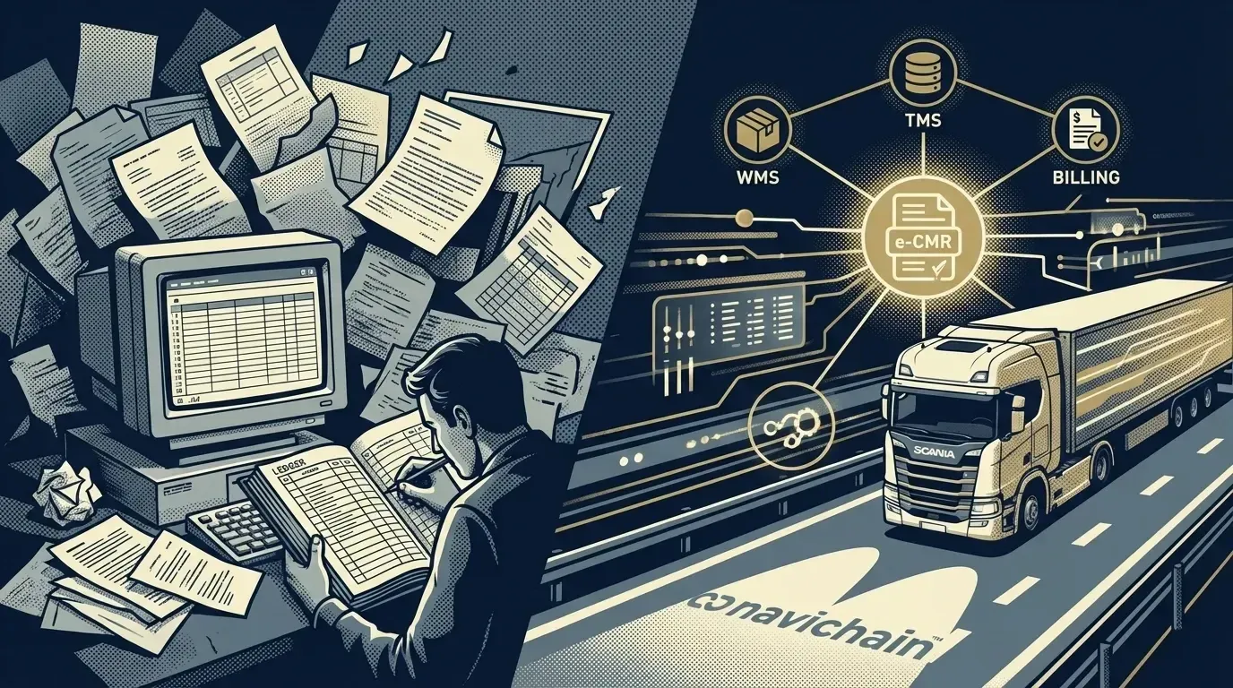 Frustrerad transportchef överväldigad av pappersarbete, vilket illustrerar e-CMR-implementeringsutmaningar inom logistik.