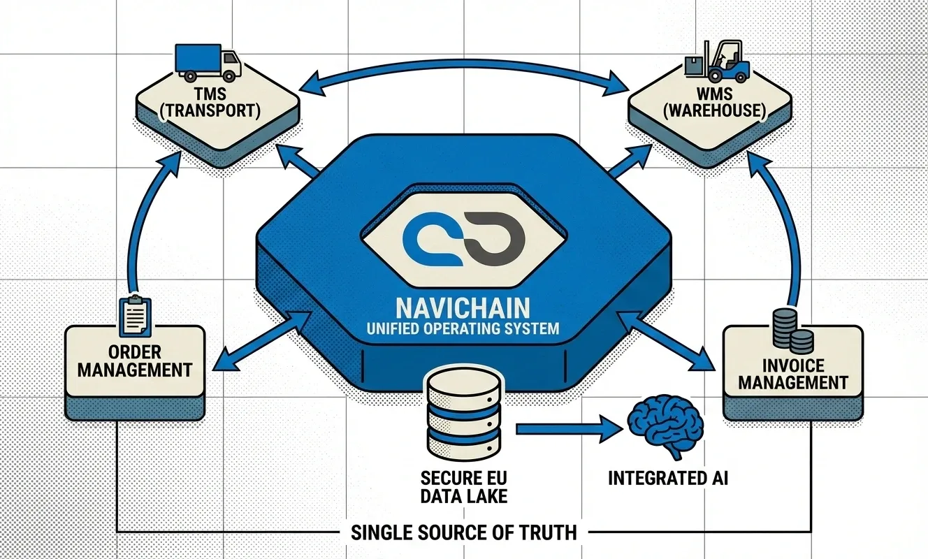 Integrated logistics system diagram showcasing the unified flow of data and operations from order to invoice.