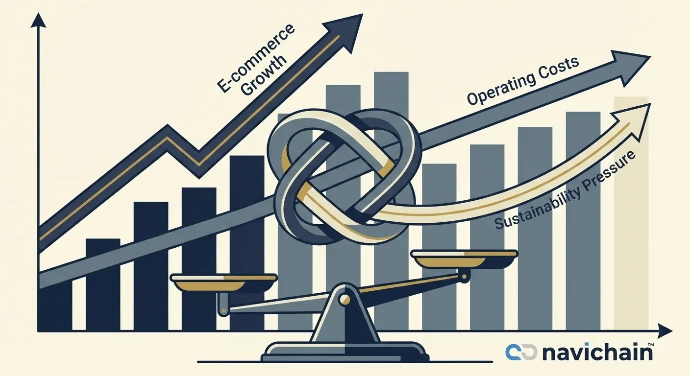 Line graph depicting e-commerce growth, rising expectations, and sustainability impacting European logistics.