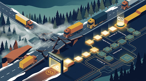 Cover Image: The missing sequence (the broken, fragmented ERP road) that a fleet of trucks tries to navigate.