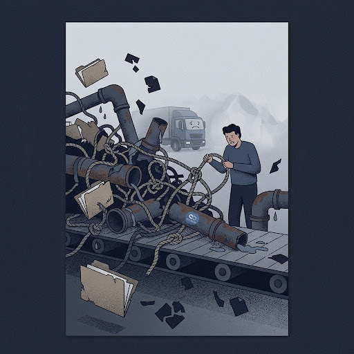 Visualization of friction and legacy ERP system failure with physical folders and disconnected digital data packets.