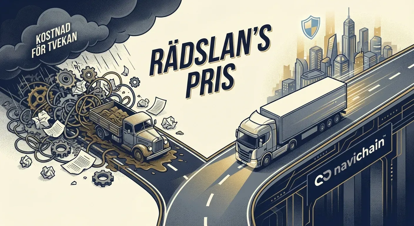 Lastbil med skärm som visar implementeringsparadoxen. Åkeribranschens utmaningar med teknik.