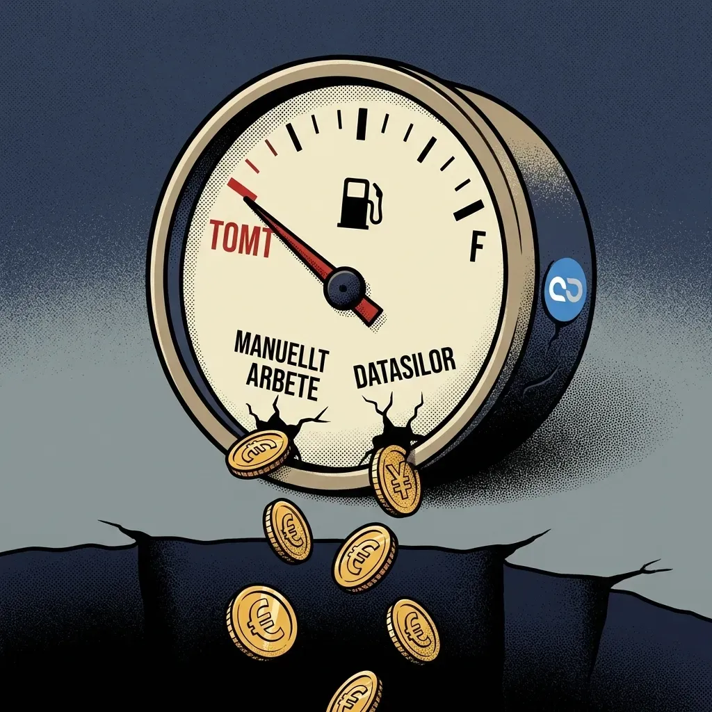 Frustrerad chaufför med många enheter. Symboliserar teknikens hinder i åkeribranschen.