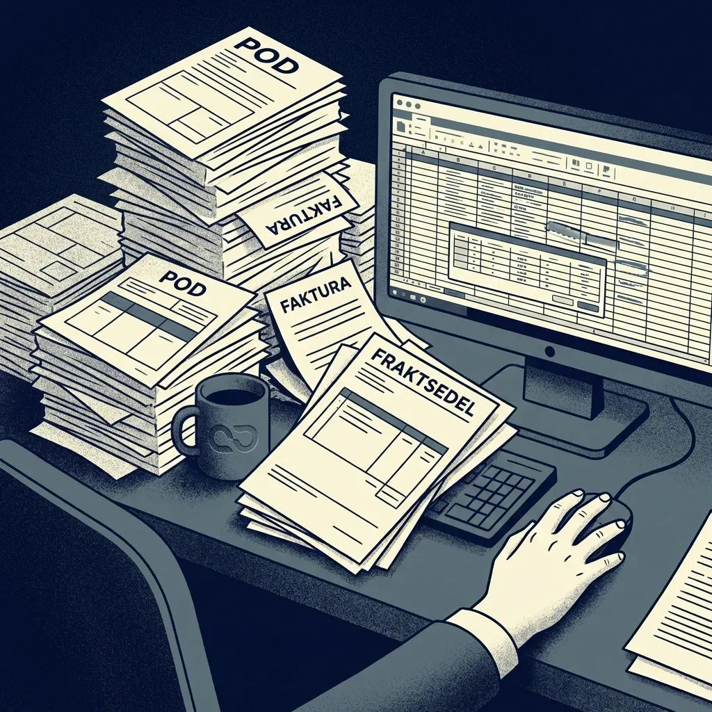 Lastbil på väg med digitala dataströmmar runt omkring, symboliserar datadriven logistik.